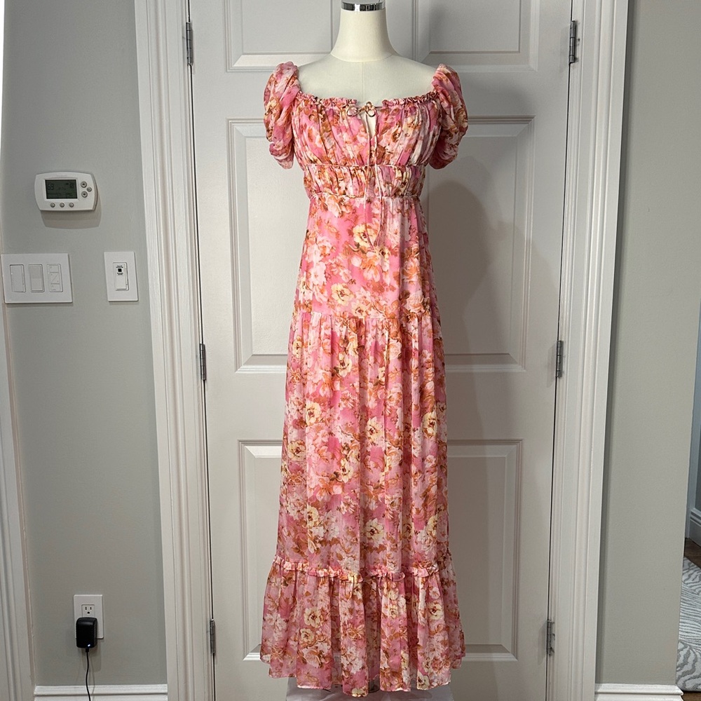 ASTR The Label Roseline Floral Pink Cottagecore Vacation Boho Maxi Dress Size S